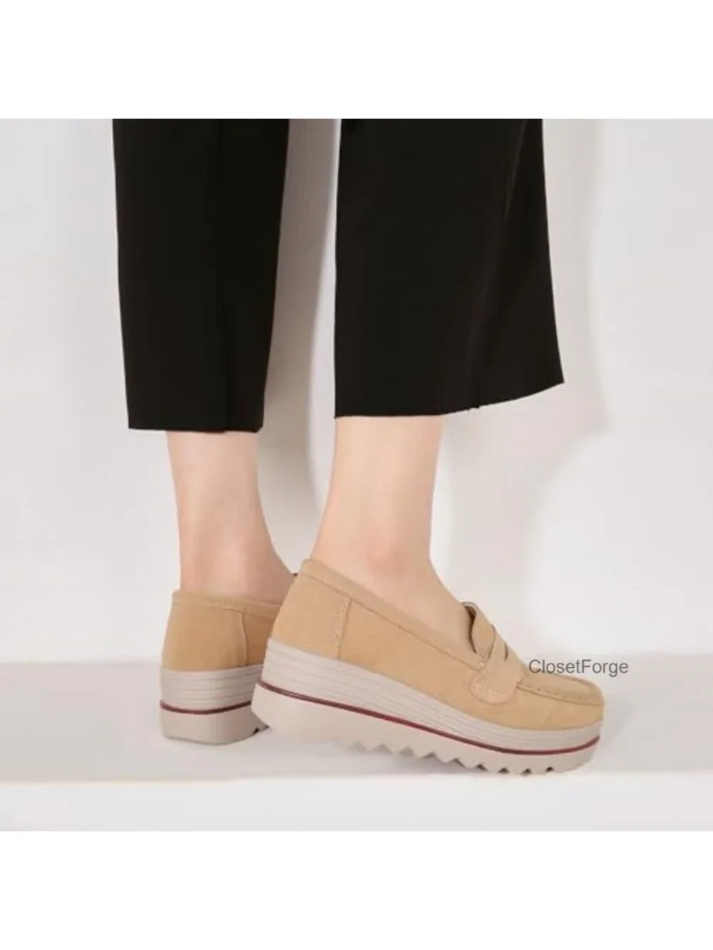 Women's Slip-On Platform Loafers Suede Wedge Mocs Low-Top Lightweight Casual